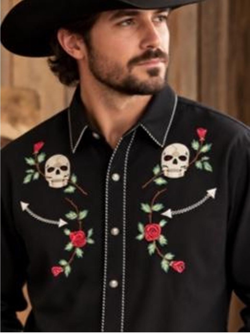 Scully P-771 XL Black Skull Rose Embroidered Western Snap Shirt Rockabilly Gothi